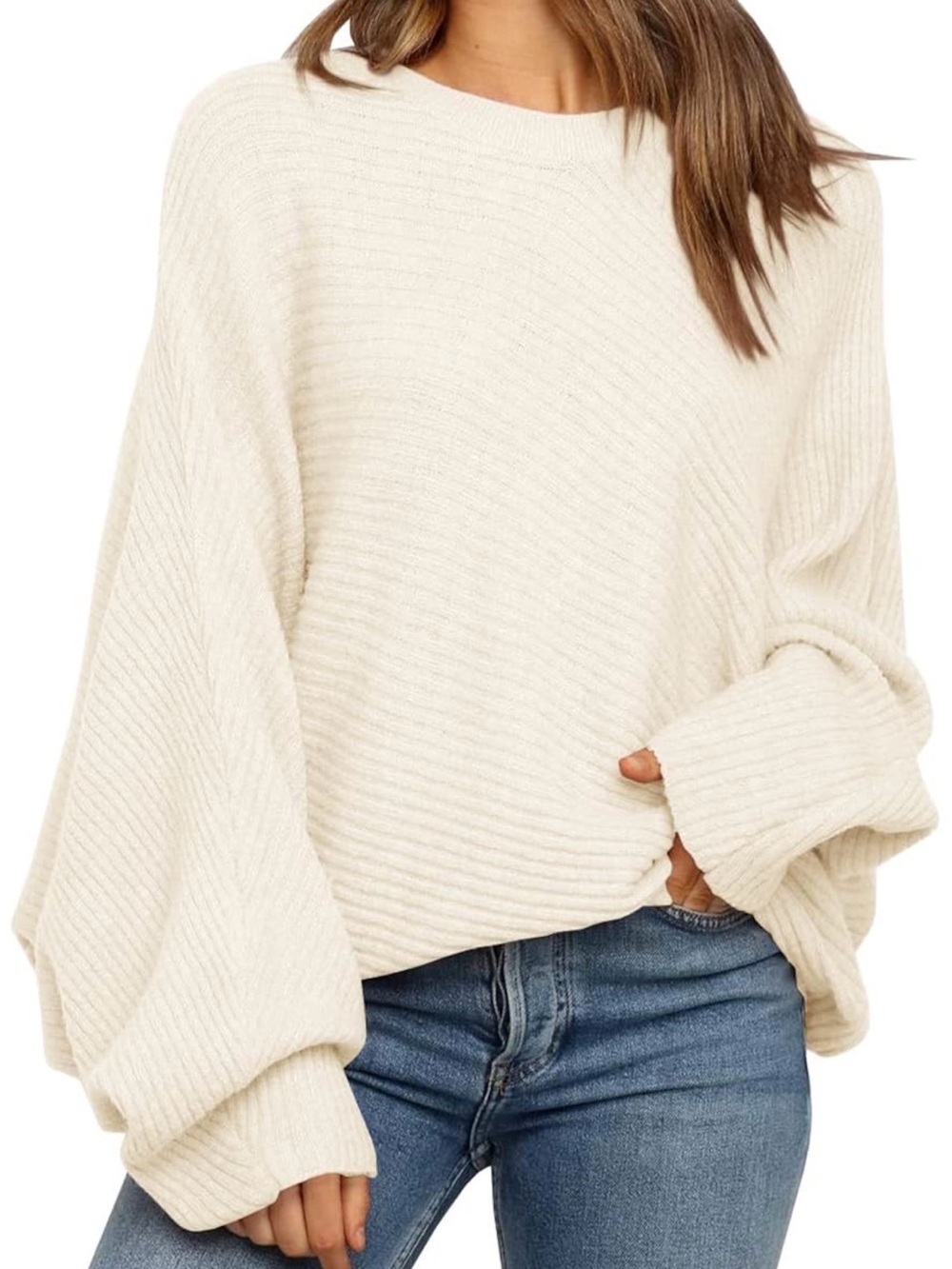 Cozy Cream Ribbed Bat Wing-Sleeve Sweater - Women's